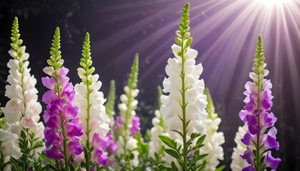 Obraz premium White and purple snapdragons behind sunrays background