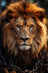 Obraz premium Beautiful lion in extinction in captivity in the wild African life behind the ba, generative IA