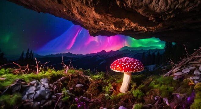 amanita muscaria mountain aurora borealis mycellium roots cave