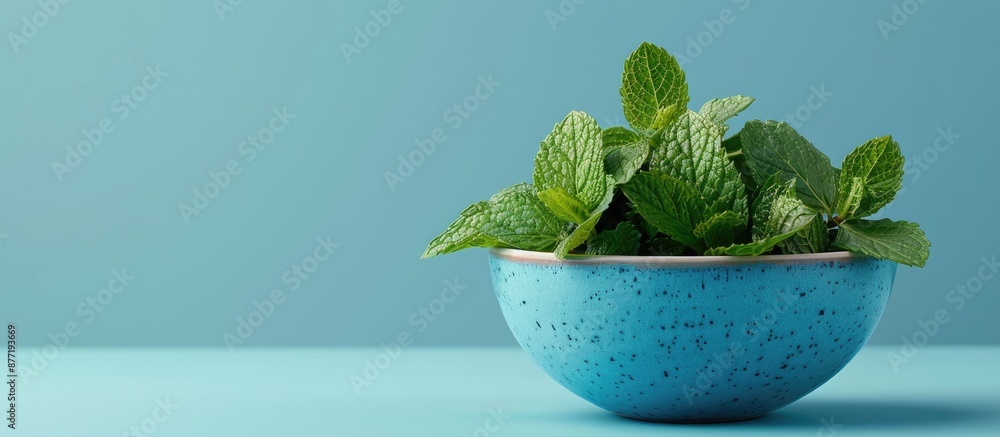 Aufkleber blue backdrop hosts a bowl of fresh mint leaves with ample copy space image