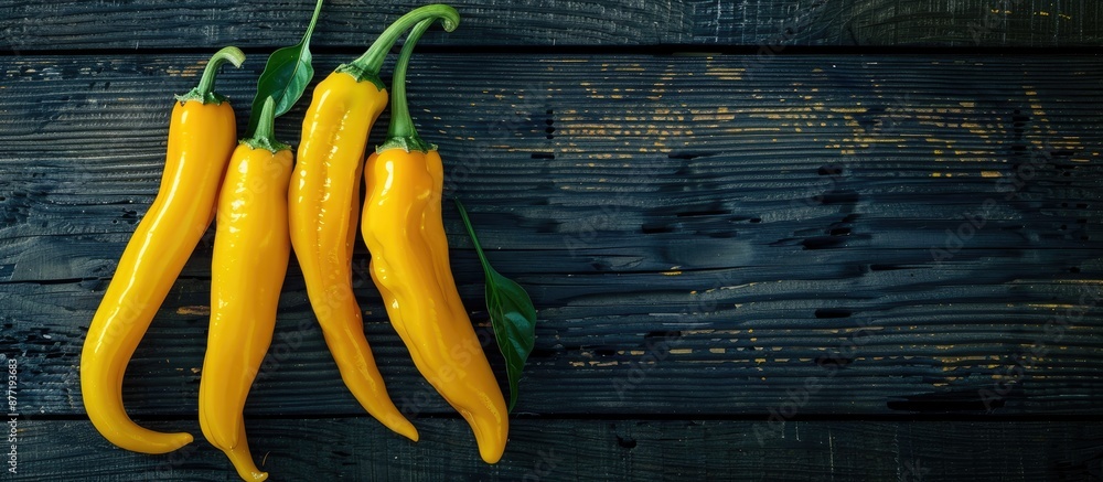 Poster yellow chili peppers arranged on a rustic dark wooden surface with space for adding text or other el