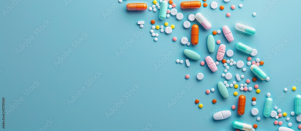 Poster pharmacetic concept featuring a pile of pills on a blue background in a top view copy space image