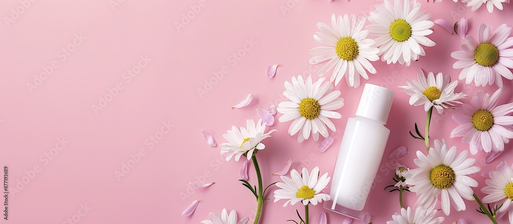Poster chamomile flowers on a pink background beside a bottle of face or body cream in an image with copy s