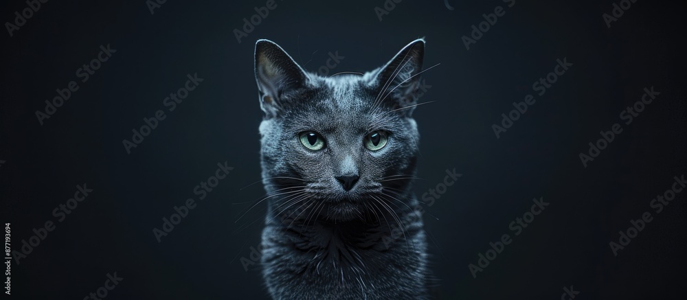 Poster Copy space image featuring a portrait of a gray cat against a dark background