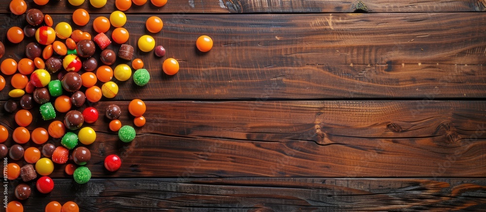 Poster colorful candies displayed on a brown wooden surface for halloween in an overhead view creating a vi