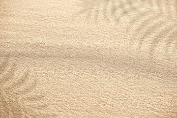 Beach sand with shadows from palm. Summer background. Palm leaf shadow on sand, top view, copy space
