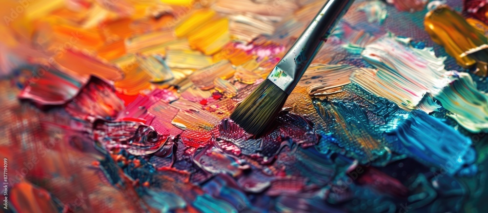 Poster applying oil paint from a brush to a palette on an abstract colorful background with copy space imag