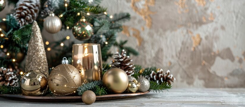 Festive holiday decor and accessories for Christmas celebrations featuring a variety of items with copy space image
