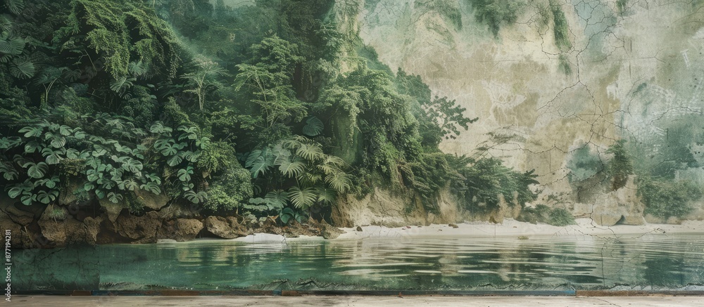 Poster the wall texture resembles a scenic view with a forest and a beach in a copy space image