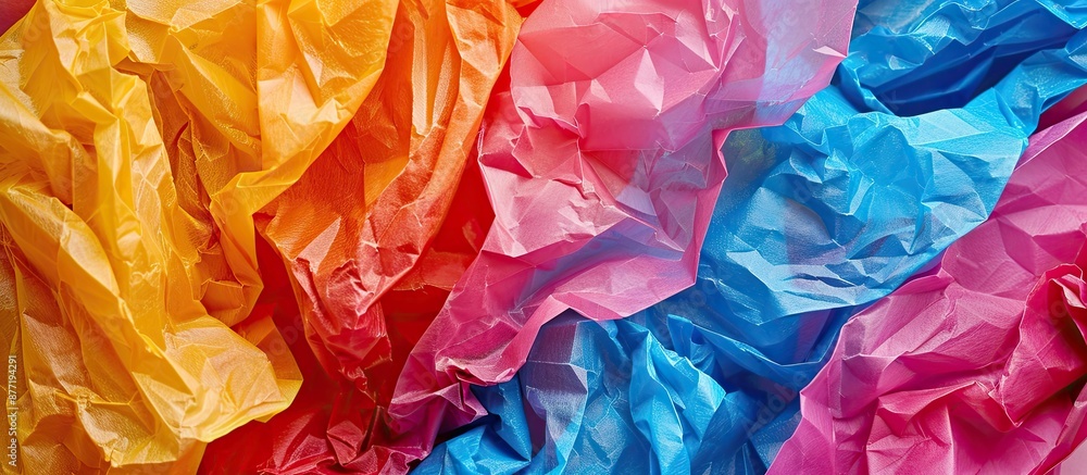Poster detailed close up shot of crumpled vibrant paper sheets with blank copy space image