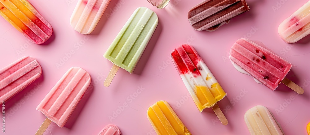 Aufkleber Copy space image of various popsicle ice creams on a soft pink spring themed background photographed from above in a flat lay style