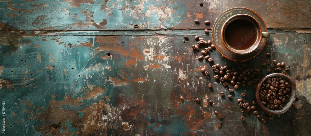 Leinwandbilder An old kitchen table with a coffee cup beans and a vacant space for text or images. with copy space image. Place for adding text or design