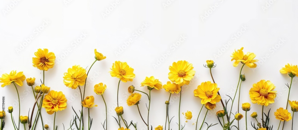 Aufkleber yellow flowers on a white backdrop in a creative layout evoking summer vibes ideal for a flat lay vi