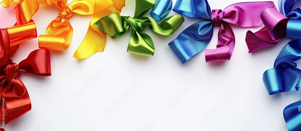 Poster Copy space image with colorful ribbons and bows set against a white background