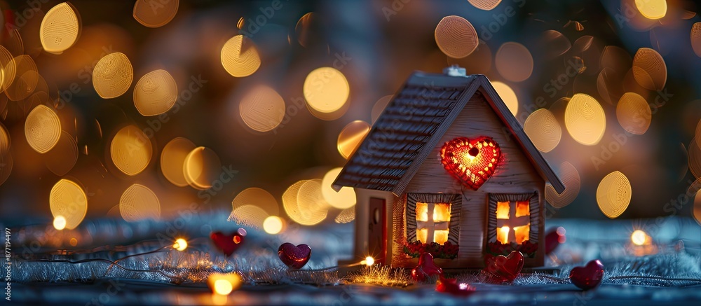 Poster Valentine s Day themed toy house with illuminated windows on a background featuring a space for additional image or text