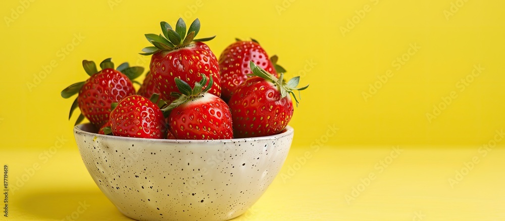 Poster red strawberries placed in a porcelain bowl with a vibrant yellow background for a copy space image 
