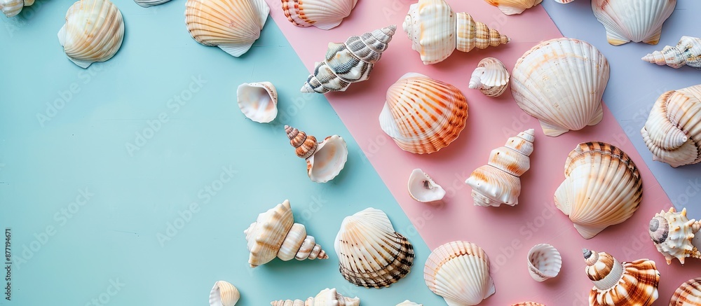 Poster seashells arranged in a top view on pastel colored paper with copy space image