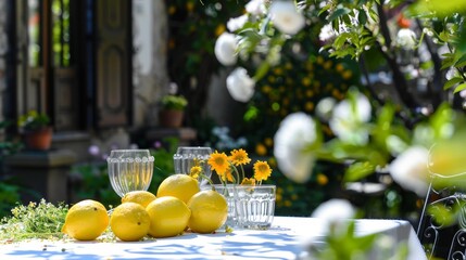 Sunny Garden Table Setting with Fresh Lemons and Flowers