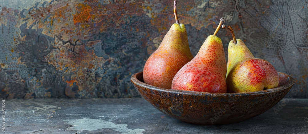 Poster summer themed concept featuring vibrant ripe pears displayed in a rustic brown bowl with plenty of c