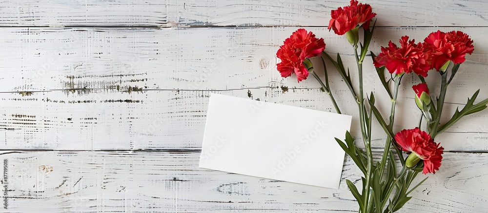 Poster Mother s Day photography concept featuring lovely carnations on a template card placed on a bright wooden table with copy space image available captured from a flat lay top view for a mock up