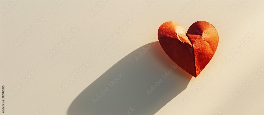 Poster A paper heart shape casting a shadow on a white background with ample copy space image