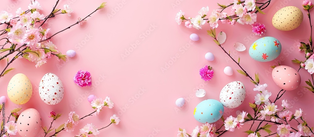 Poster Easter holiday card idea with vibrant eggs and flowers on a soft pink background View from above with room for text or images. with copy space image. Place for adding text or design