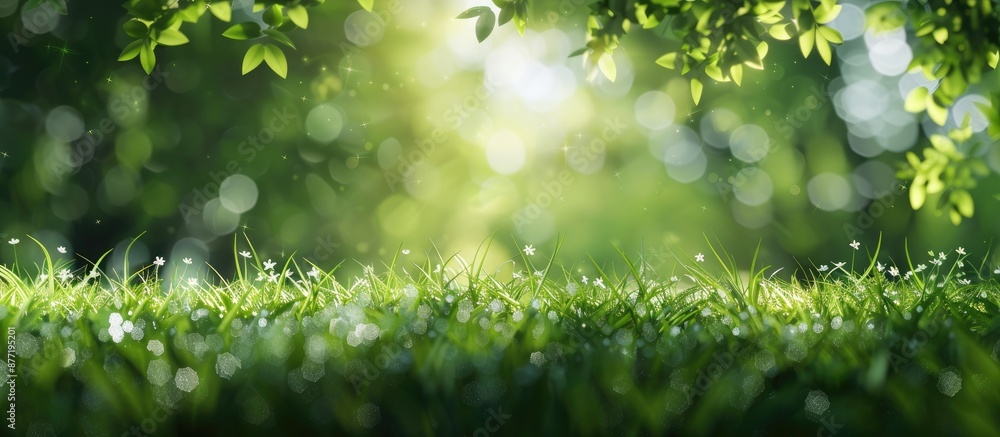 Poster Nature background in wide format showcasing a close up landscape panorama of a lush meadow with beautiful bokeh providing ample copy space image