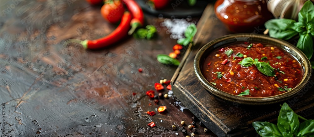 Poster A container of spicy sauce sits on the table with a blank space for adding images. with copy space image. Place for adding text or design