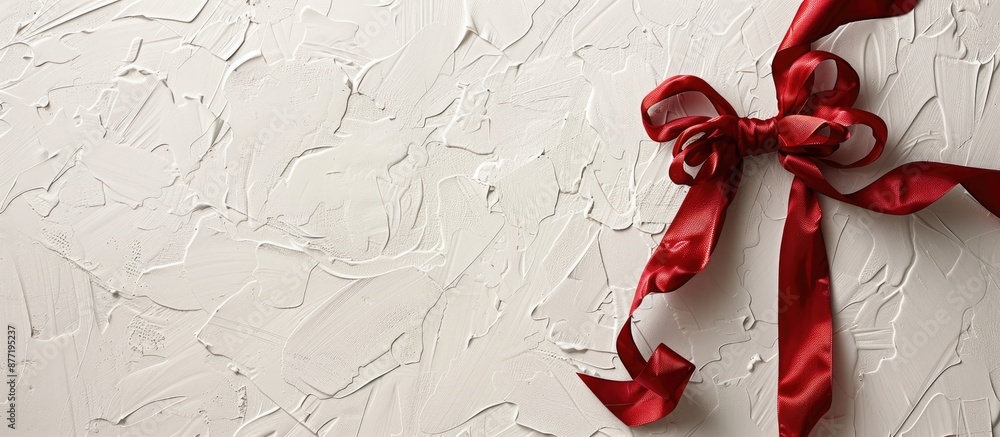 Poster A red ribbon with a bow gleams on a white textured paper backdrop incorporating space for text alongside the image. with copy space image. Place for adding text or design