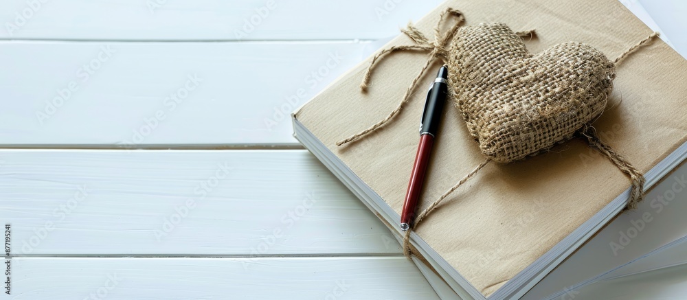Poster gift box shaped like a heart with a notebook and pen on a white background with ample copy space for
