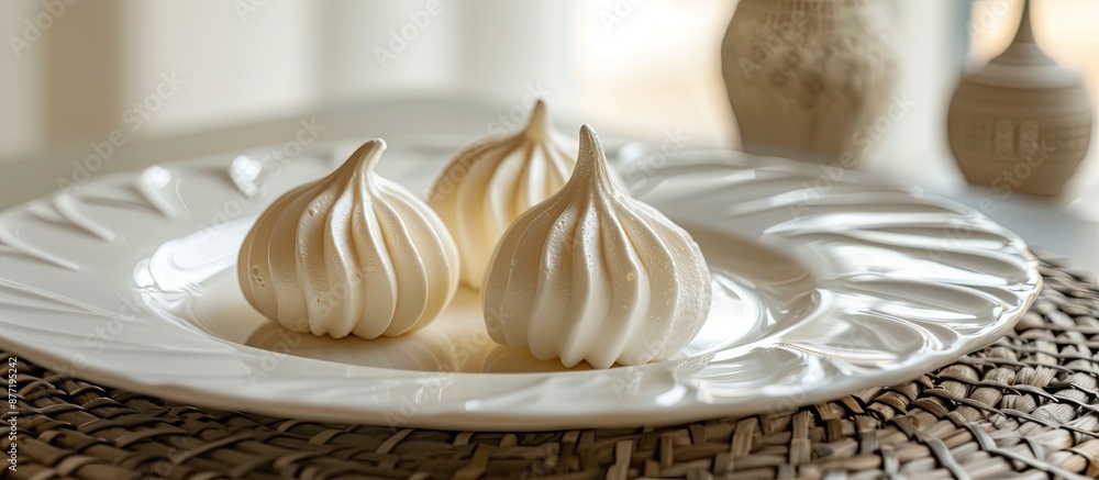 Poster a high angle view displays two gourmet meringues on a white platter on a woven placemat with a beaut