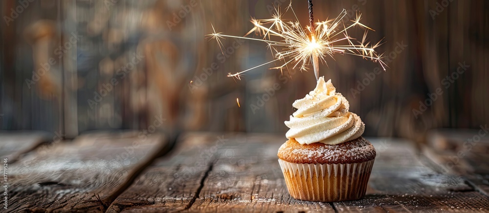 Fototapete Wooden background with a cupcake topped with a sparkler Ideal for adding text with copy space image