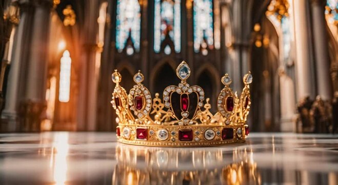 gold king's crown with red rubies and diamonds in a gothic cathedral