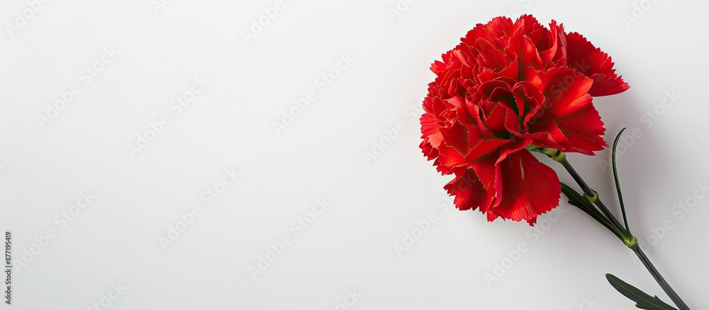 Poster a stunning red carnation flower with copy space image on a white backdrop