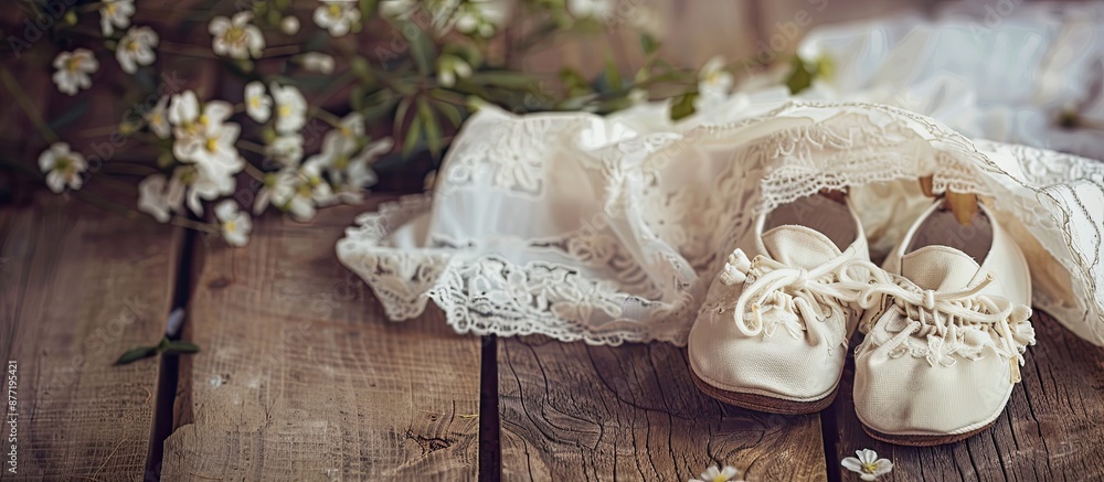 Aufkleber Vintage baby clothes and shoes for baptism displayed on a wooden background with a blank space image for a message. with copy space image. Place for adding text or design