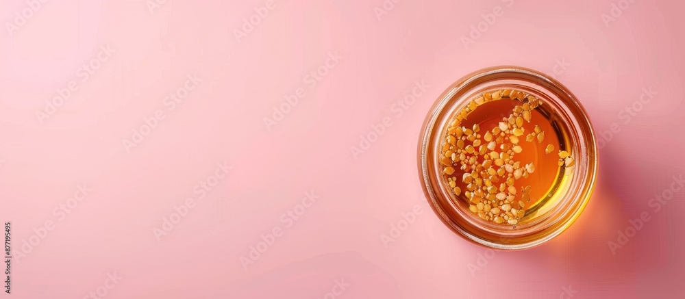 Fototapete Top down view of a jar filled with seeds and honey on a pink background suitable for web banners with ample copy space image