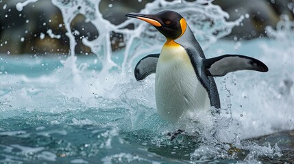 Fototapeta premium Big King penguin going in to the blue water