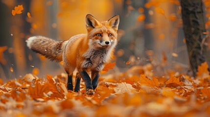 Fototapeta premium Adorable Red Fox (Vulpes vulpes) in the autumn forest. A beautiful animal in its natural habitat.
