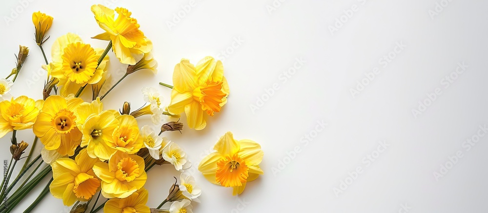 Poster spring holiday concept featuring yellow flowers against a white backdrop suitable for a copy space i