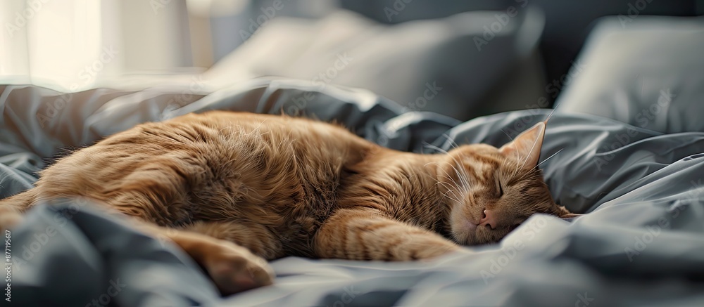 Poster a cat that sleeps on the bed showing a diversified range in a copy space image