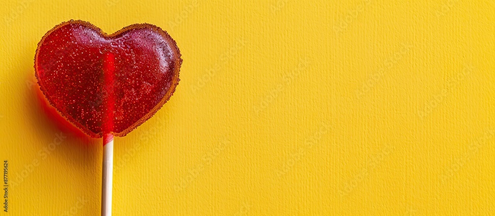Aufkleber top view of a heart shaped lollipop for valentine s day on a yellow background with copy space image