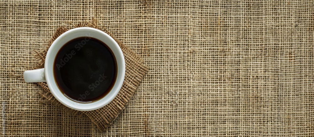 Poster Coffee cup displayed on a burlap background with copy space image