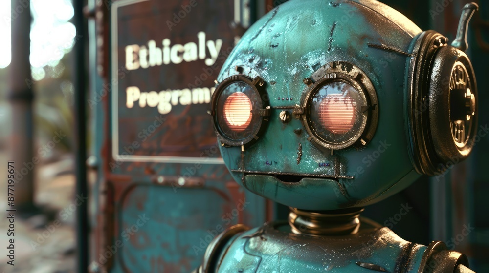 Poster close-up of a robot with a 'programmed' display in a sleek, high-tech environment with blurred backg
