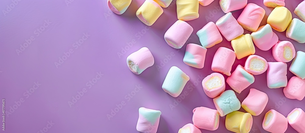 Poster a colorful marshmallow arrangement on a purple backdrop for a tabletop mockup featuring ample copy s