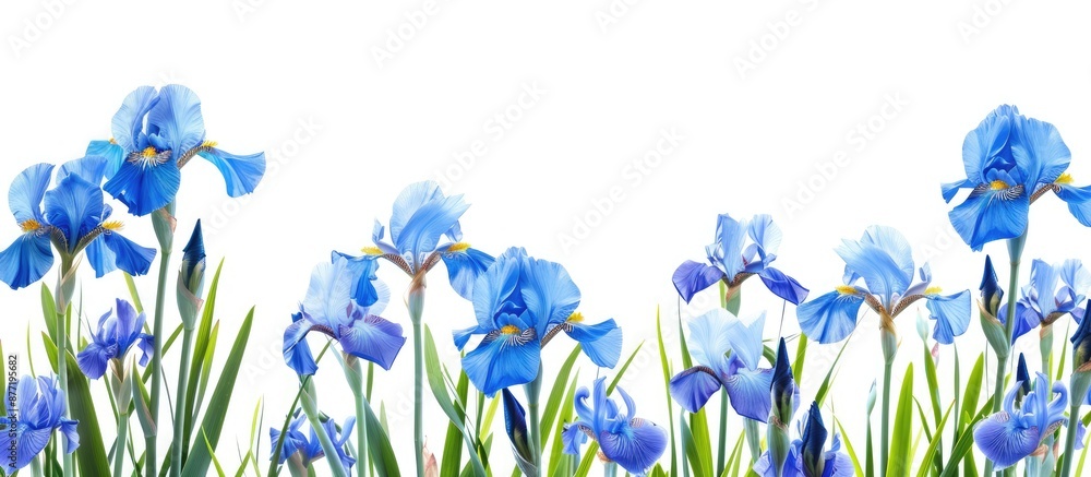 Poster Blue irises in full bloom set on a white backdrop with clipping path for a copy space image