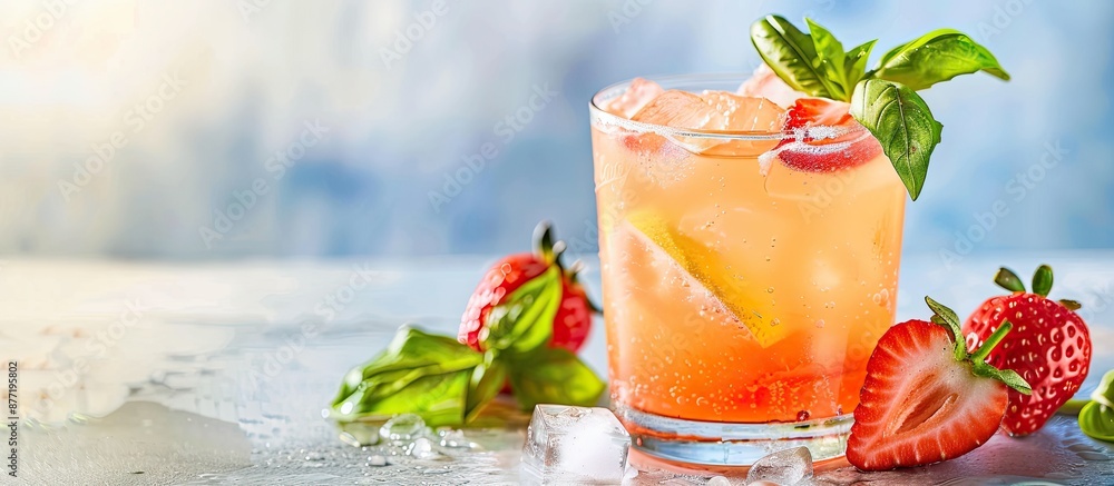 Poster Strawberry Basil Lemonade cocktail in a glass with a strawberry garnish displayed in a copy space image