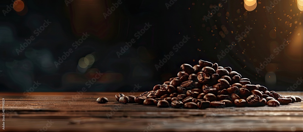 Fototapete A warm and cozy setting displaying stacked coffee beans on a wooden surface contrasted against a dark backdrop leaving room for text or other elements in the image. with copy space image