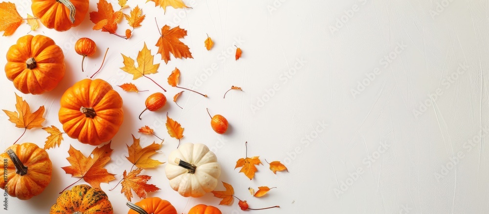 Leinwandbilder Top down view of pumpkins and autumn leaves on a white backdrop with space for text or images ideal for Halloween or Thanksgiving themes. with copy space image. Place for adding text or design