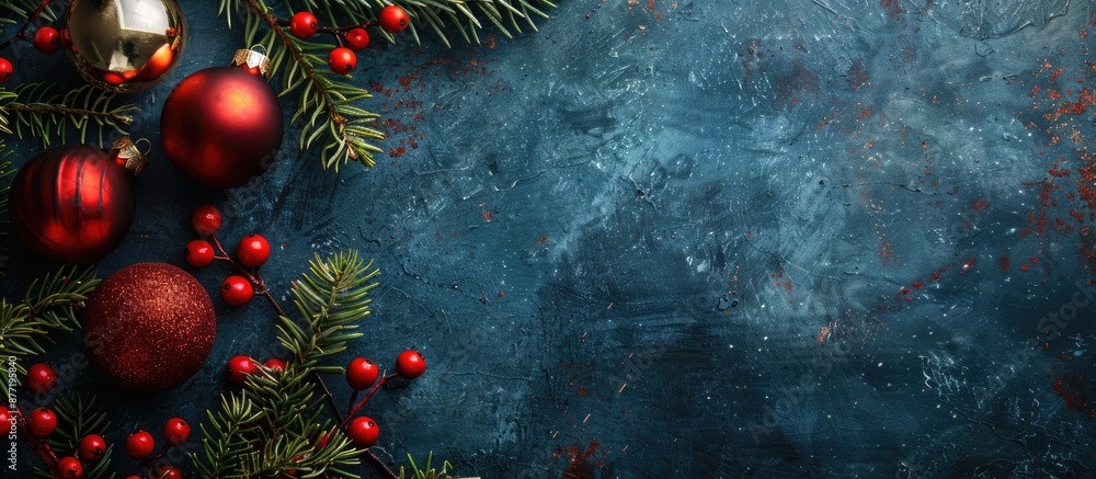 Poster Festive holiday season with Christmas decorations showcased in a flat lay style with space for text in the image. with copy space image. Place for adding text or design