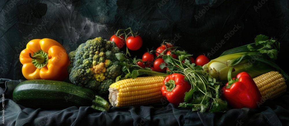 Leinwandbilder vegetables like bell peppers tomatoes corn green oak zucchini and coriander displayed on a black bac